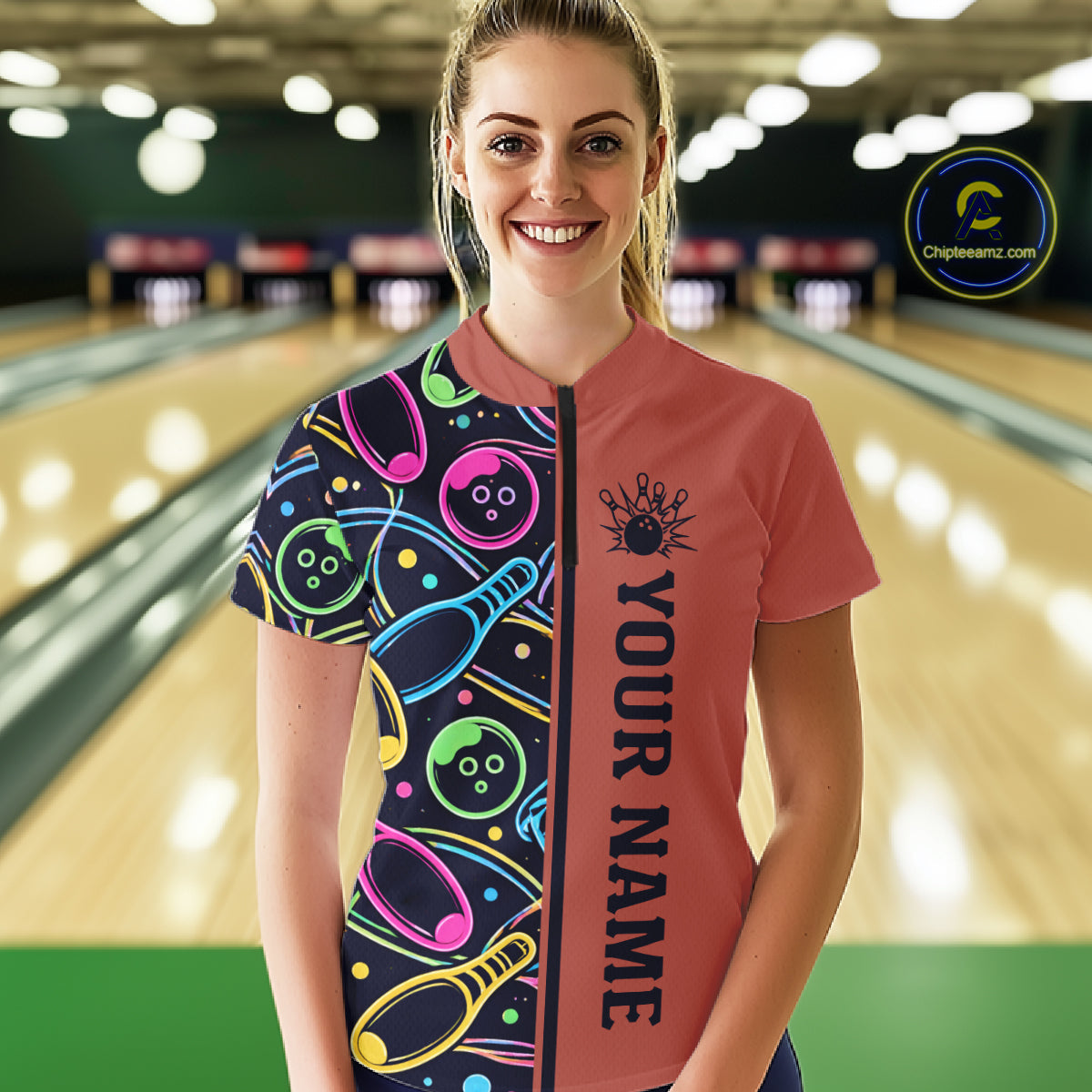 Personalized Funny Neon Bowling Shirt For Women, Retro Bowling Team Jersey Polo & 1/4 Zip | Orange TDM6462