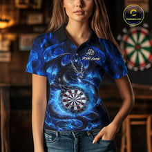 Load image into Gallery viewer, Woman wearing a blue flame dragon darts polo shirt during darts league play front view.