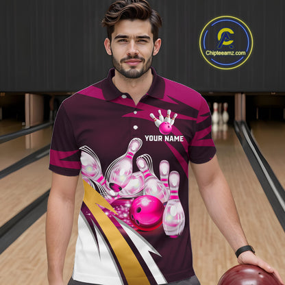 Man wearing personalized pink strike ball bowling team jersey polo shirt featuring pink strike ball artwork, front view.