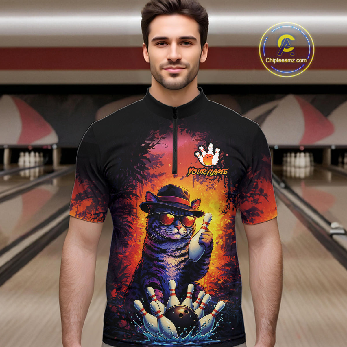 Personalized Vintage Funny Cat Bowling Shirt For Men Custom Bowling Jersey Team Polo & 1/4 Zip TDM5861