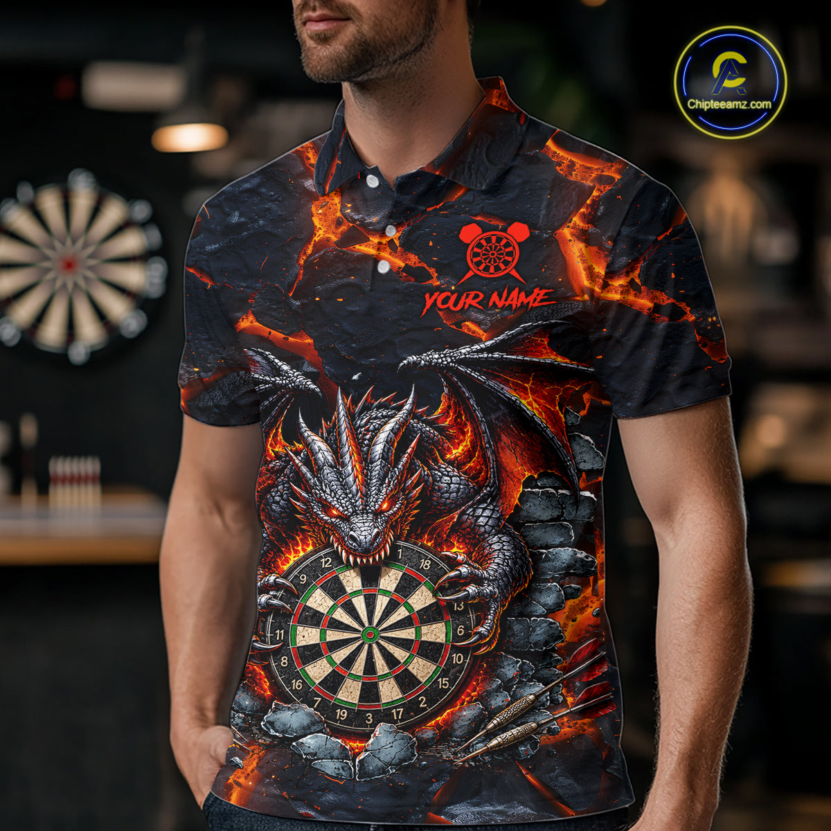 Man Wearing Black and Orange Dartboard Fire Flame Dragon Darts Polo Shirt with Athletic Performance Fit and Dynamic Dragon Graphic Artwork, Front View