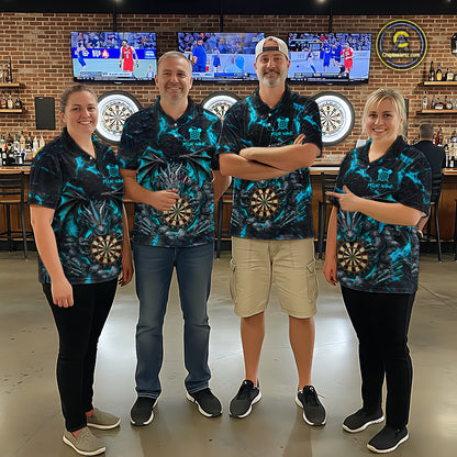 Dart Team Wearing Black and Turquoise Fire Flame Dragon Darts Jerseys During League Competition and Tournament Matches, Front View