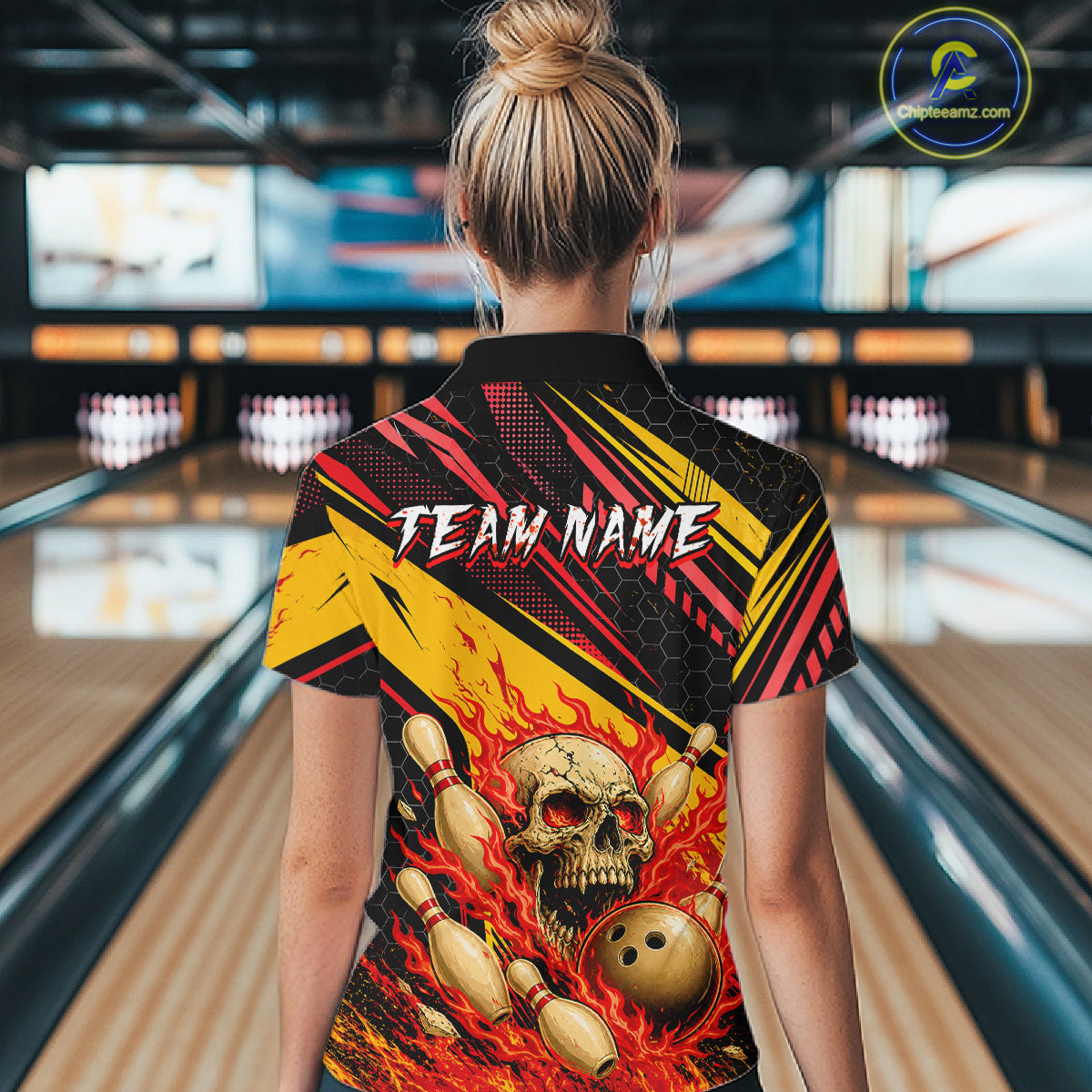 Red & Yellow Flaming Skull Bowling Jersey For Women Custom Bowling League Shirts Team Polo & 1/4 Zip TDM6476