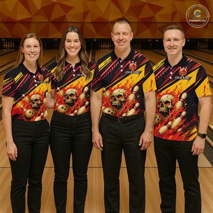 Red & Yellow Flaming Skull Bowling Jersey For Men Custom Bowling League Shirts Team Polo & 1/4 Zip TDM6476