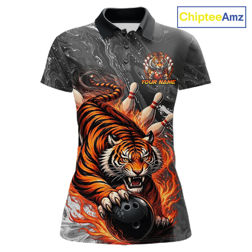 Personalized Flame Tiger Bowling Shirt For Women Custom Bowling League Team Jersey Polo & 1/4 Zip TDM6295