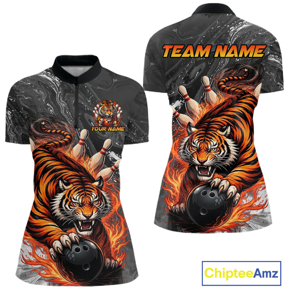 Personalized Flame Tiger Bowling Shirt For Women Custom Bowling League Team Jersey Polo & 1/4 Zip TDM6295