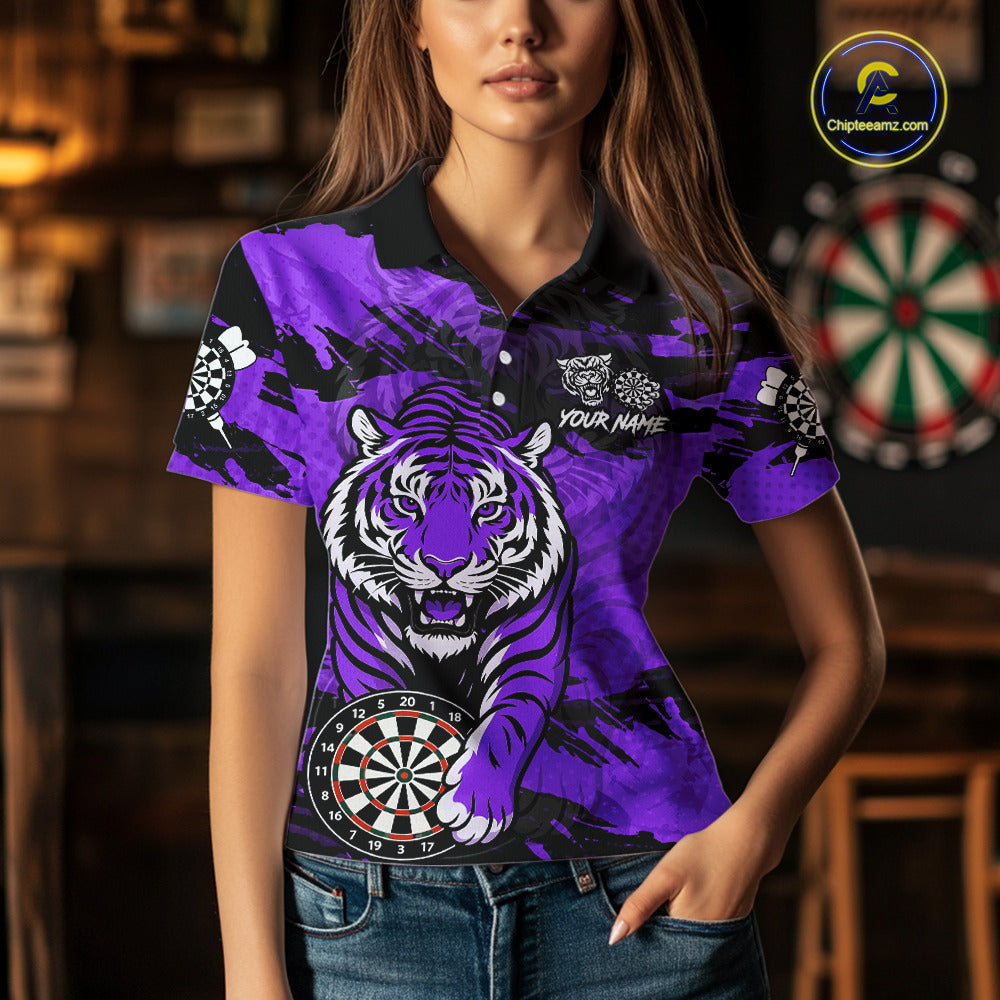 Personalized Purple Dartboard Tiger Darts Shirt For Women Custom Darts Jersey Team Polo & 1/4 Zip TDM7187