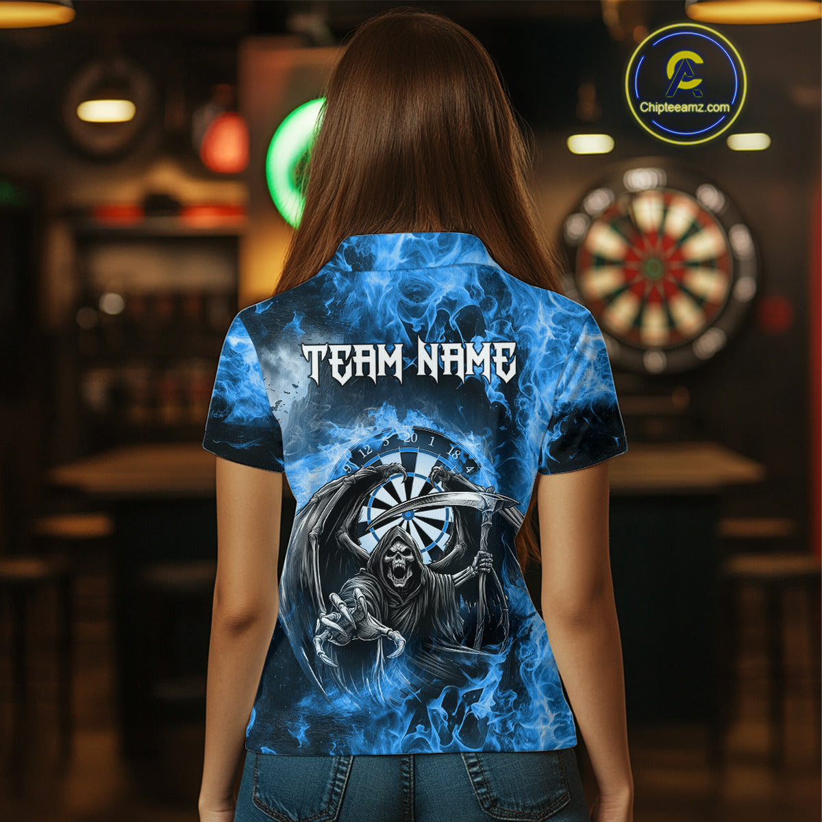 Personalized Blue Flaming Grim Reaper Darts Shirt For Women Custom Fire Darts Team Jersey TDM4975