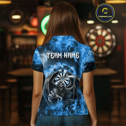 Personalized Blue Flaming Grim Reaper Darts Shirt For Women Custom Fire Darts Team Jersey TDM4975
