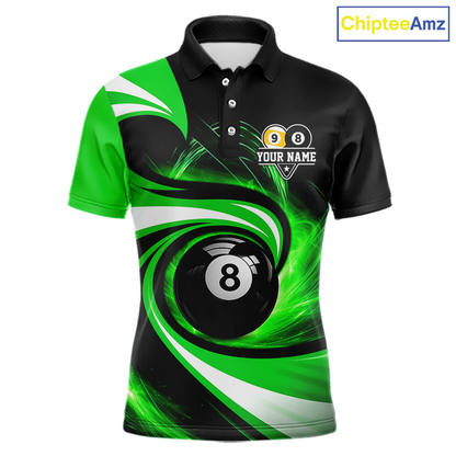 Black and green 8 ball and 9 ball pool billiard team jersey polo shirt for men featuring bold black and green graphics, premium custom pool league apparel for tournaments, league competition and team events.