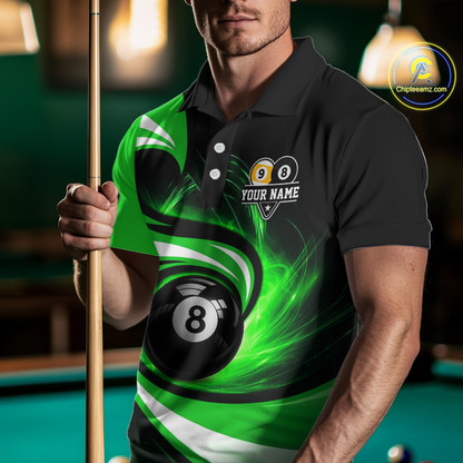 Man wearing black and green 8 ball and 9 ball pool billiard team jersey polo shirt featuring bold black and green graphics, front view.