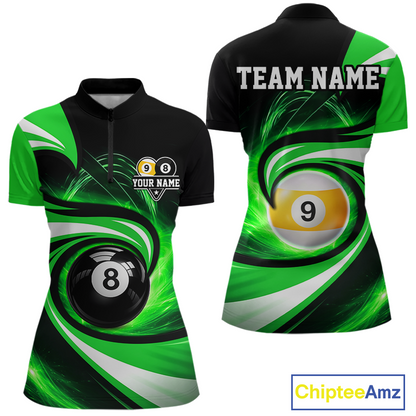 Black and green 8 ball and 9 ball pool billiard team jersey quarter zip shirt for women featuring premium black and green artwork, custom billiard league apparel for competitive players.