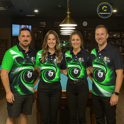 Billiard team wearing matching black and green 8 ball and 9 ball pool team jerseys featuring premium custom artwork, front view.