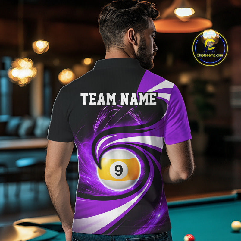 Man wearing black and purple 8 ball and 9 ball pool billiard team jersey polo shirt featuring bold black and purple graphics, back view.