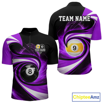 Black and purple 8 ball and 9 ball pool billiard team jersey quarter zip shirt for men featuring premium black and purple artwork, custom pool league apparel for serious billiard players.