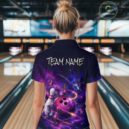 Pink And Purple Butterfly Bowling Shirt For Women Custom Glowing Bowling Jersey Polo & 1/4 Zip TDM6320