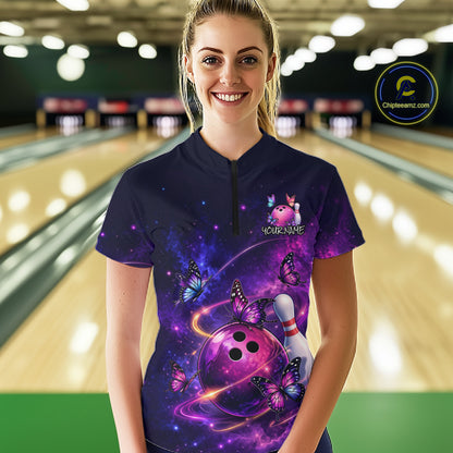 Pink And Purple Butterfly Bowling Shirt For Women Custom Glowing Bowling Jersey Polo & 1/4 Zip TDM6320