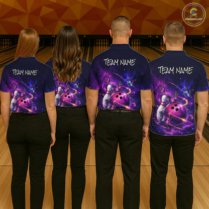 Pink And Purple Butterfly Bowling Shirt For Women Custom Glowing Bowling Jersey Polo & 1/4 Zip TDM6320