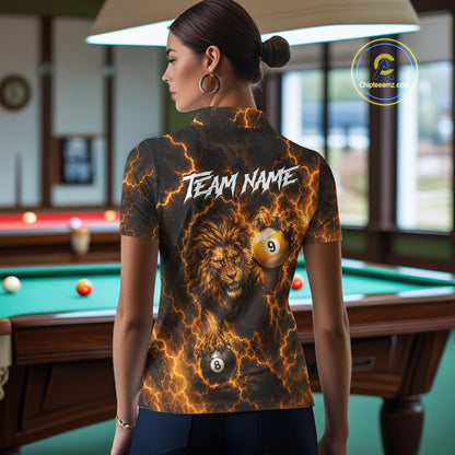 Woman wearing custom yellow lightning lion 8 ball and 9 ball billiard pool team jersey polo shirt featuring the yellow lightning lion design, front view.