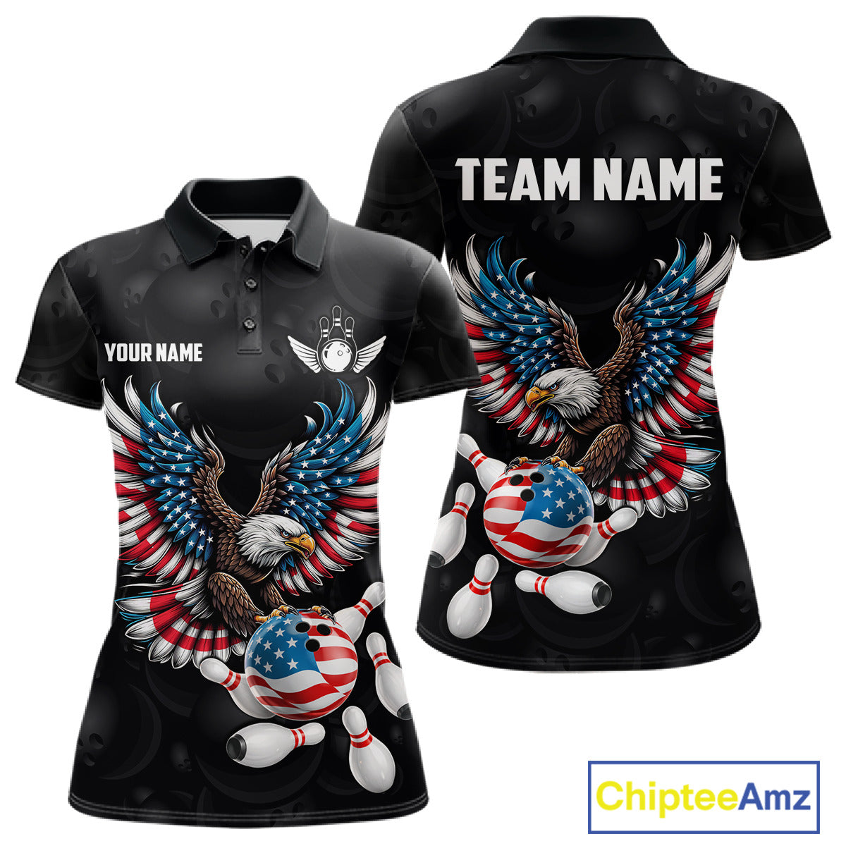 Personalized American Flag Eagle Bowling Polo & 1/4 Zip For Women, Patriotic Bowling Team Jersey TDM6098