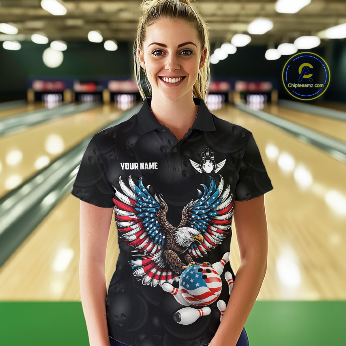 Personalized American Flag Eagle Bowling Polo & 1/4 Zip For Women, Patriotic Bowling Team Jersey TDM6098
