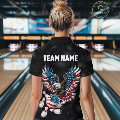 Personalized American Flag Eagle Bowling Polo & 1/4 Zip For Women, Patriotic Bowling Team Jersey TDM6098