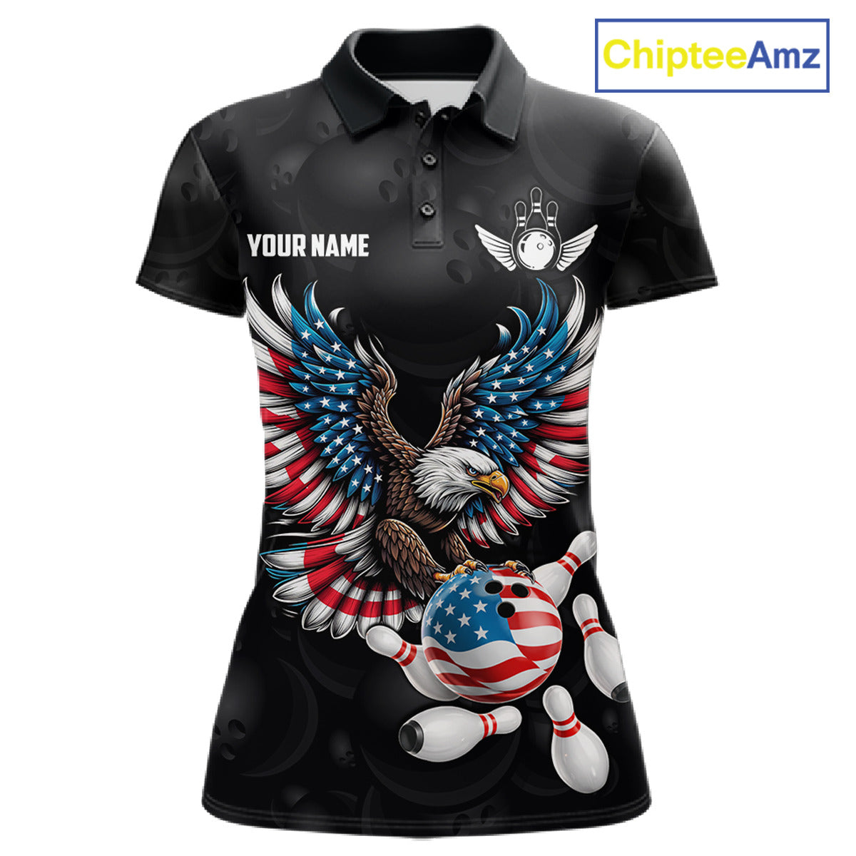 Personalized American Flag Eagle Bowling Polo & 1/4 Zip For Women, Patriotic Bowling Team Jersey TDM6098