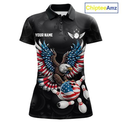 Personalized American Flag Eagle Bowling Polo & 1/4 Zip For Women, Patriotic Bowling Team Jersey TDM6098