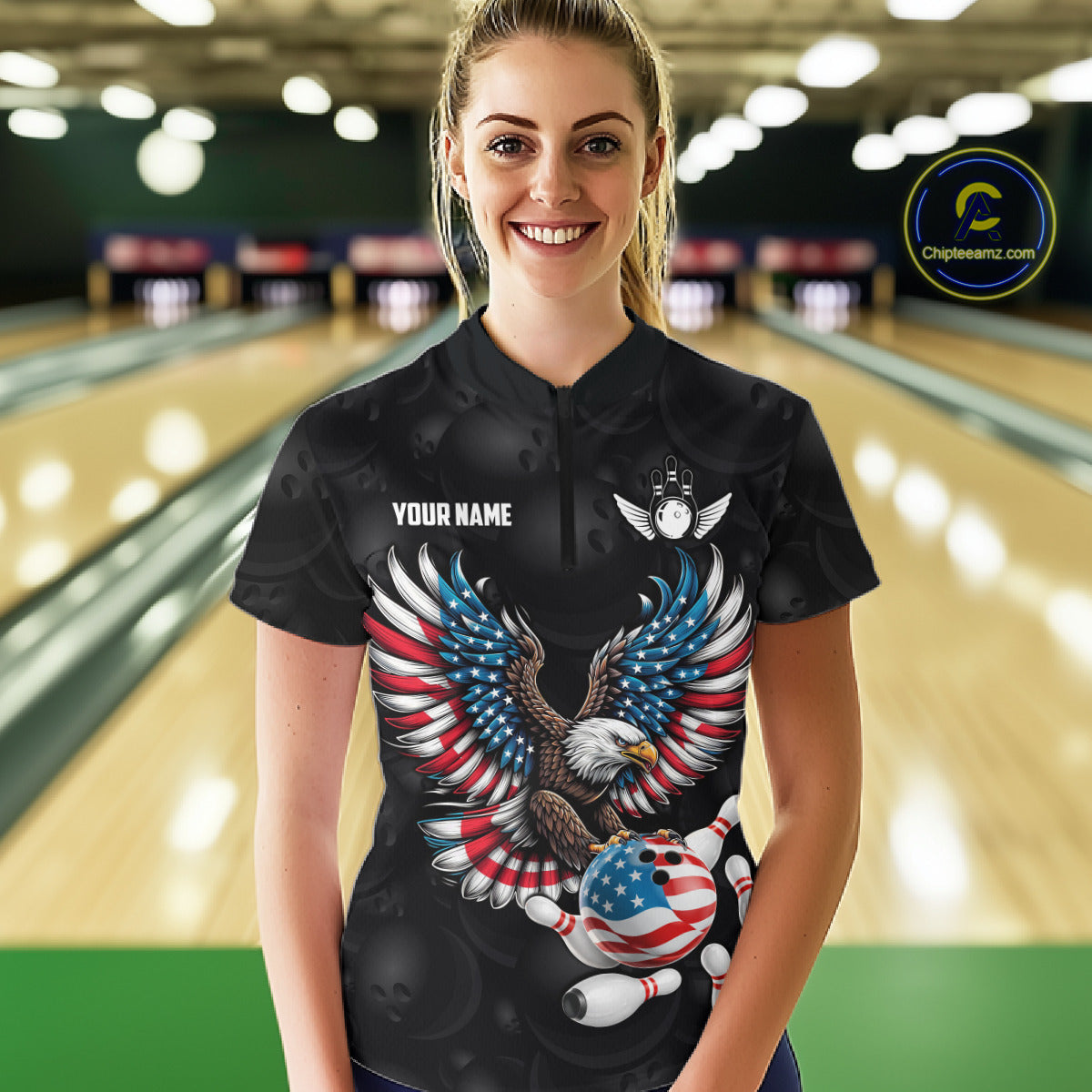 Personalized American Flag Eagle Bowling Polo & 1/4 Zip For Women, Patriotic Bowling Team Jersey TDM6098