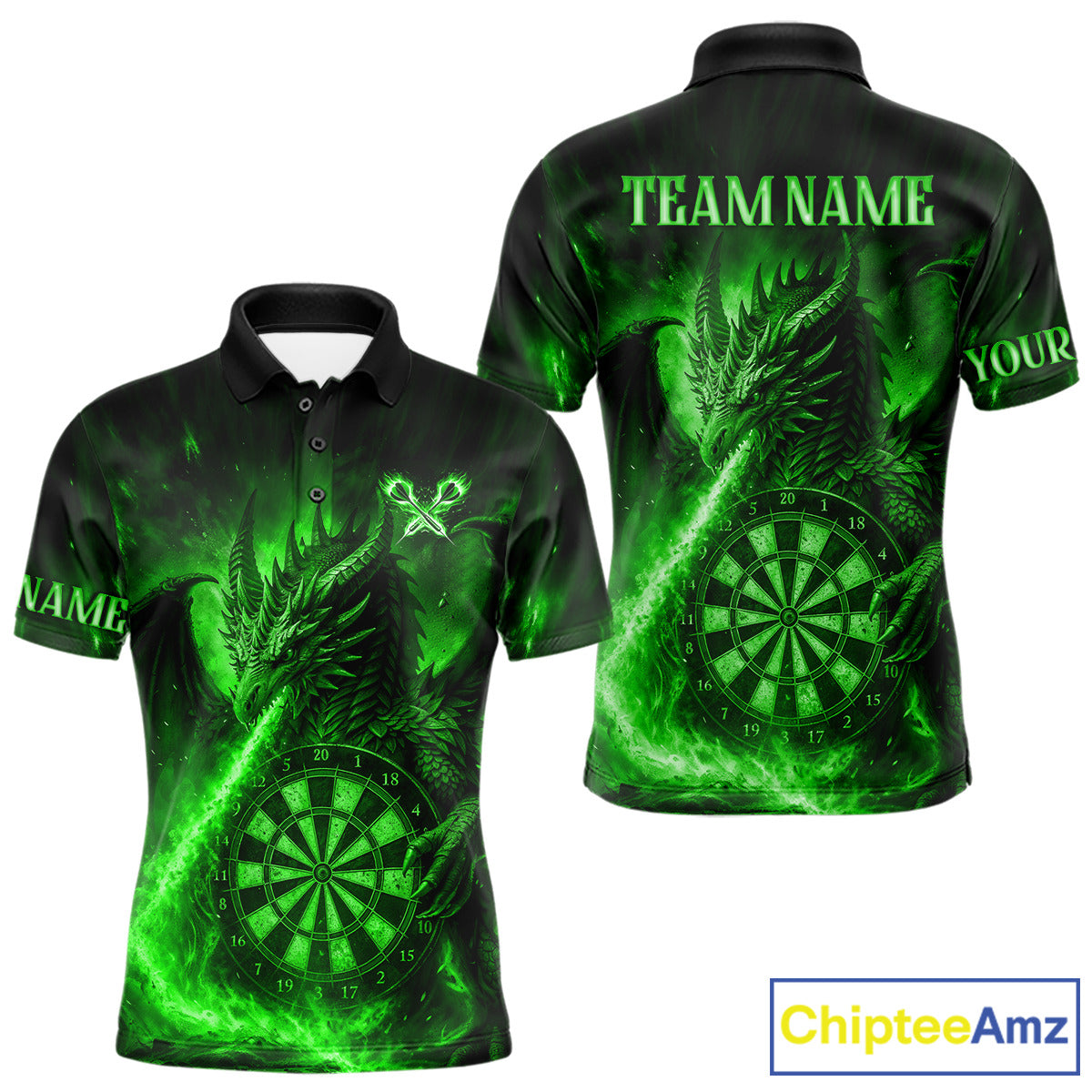 Green Flaming Dragon Darts Jersey For Men Custom Polo & Quarter Zip Darts League Team Shirt TDM5489