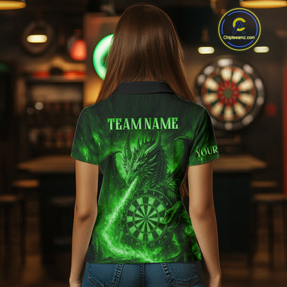 Green Flaming Dragon Darts Jersey For Women Custom Polo & Quarter Zip Darts League Team Shirt TDM5489