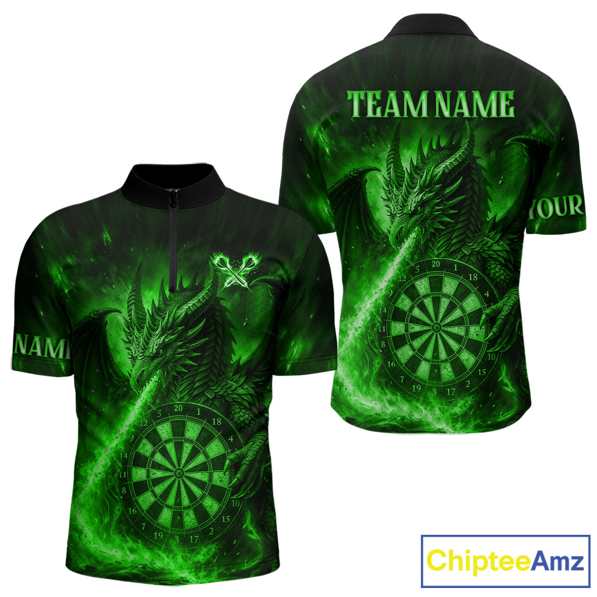 Green Flaming Dragon Darts Jersey For Men Custom Polo & Quarter Zip Darts League Team Shirt TDM5489