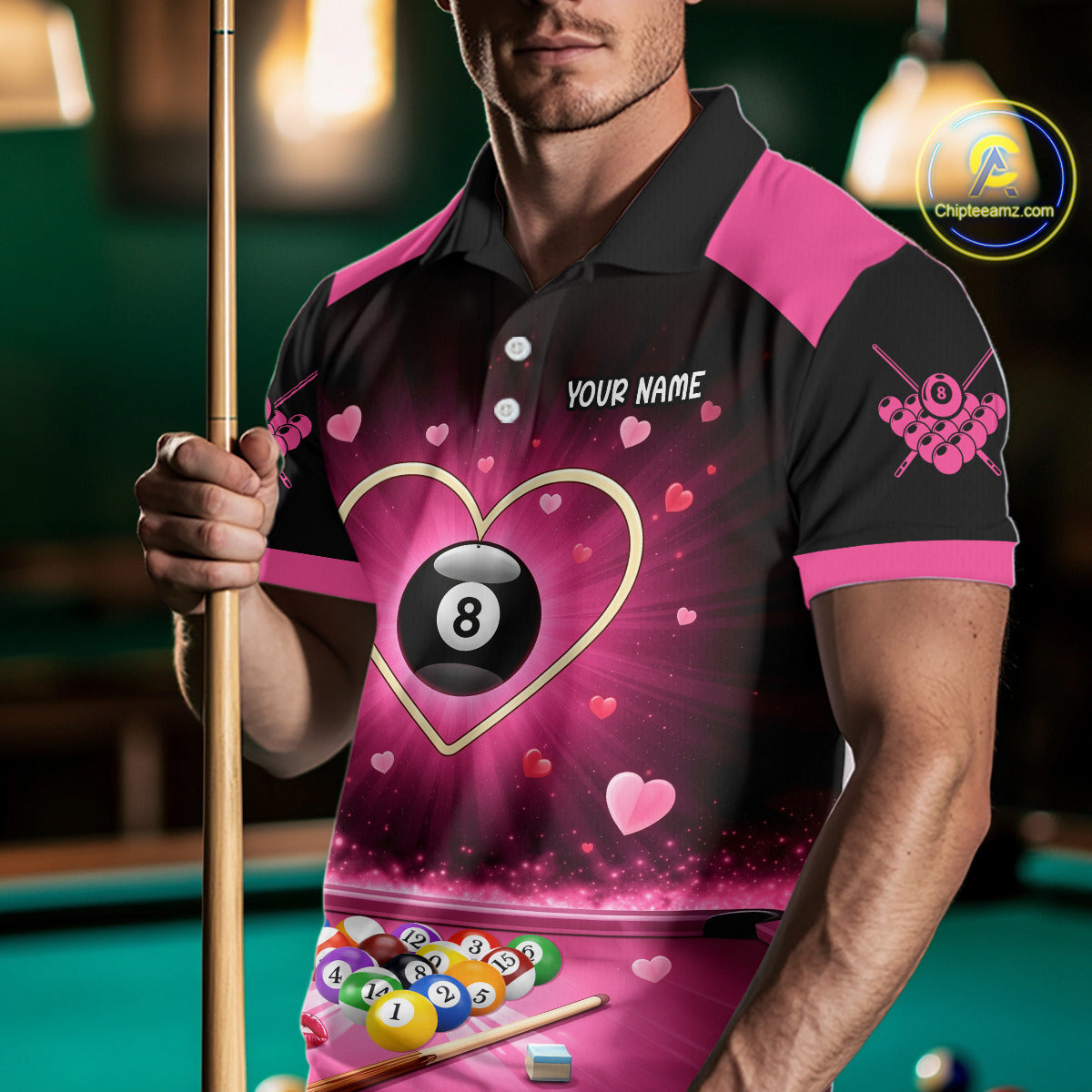Black And Pink 8 Ball Pool Heart Billiard Shirt For Men Custom Valentine Billiard Gifts TDM5748
