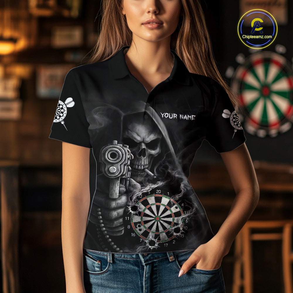 Funny Grim Reaper Smoke Darts Shirt For Women Custom Darts Jersey Team Polo & 1/4 Zip TDM5758