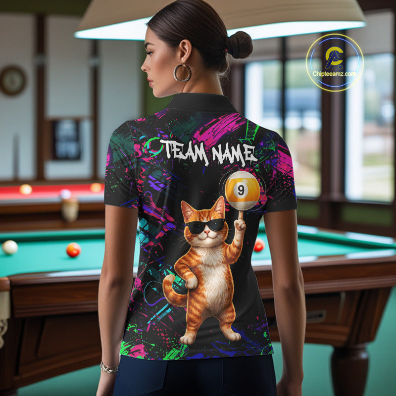 Funny Cat 8 Ball & 9 Ball Graffiti Billiard Shirts For Women Custom Pool Team Jersey Polo & 1/4 Zip TDM6559