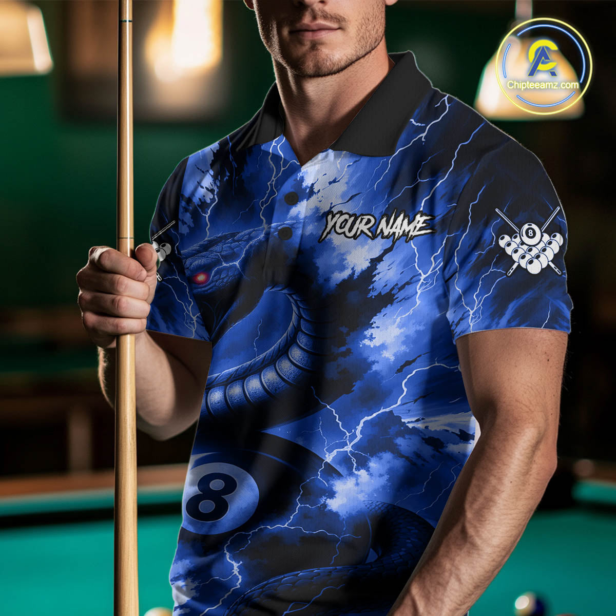 Blue 8 Ball Thunder Lightning Cobra Snake Billiard Shirt For Men Custom Billiard League Pool Jersey TDM4839