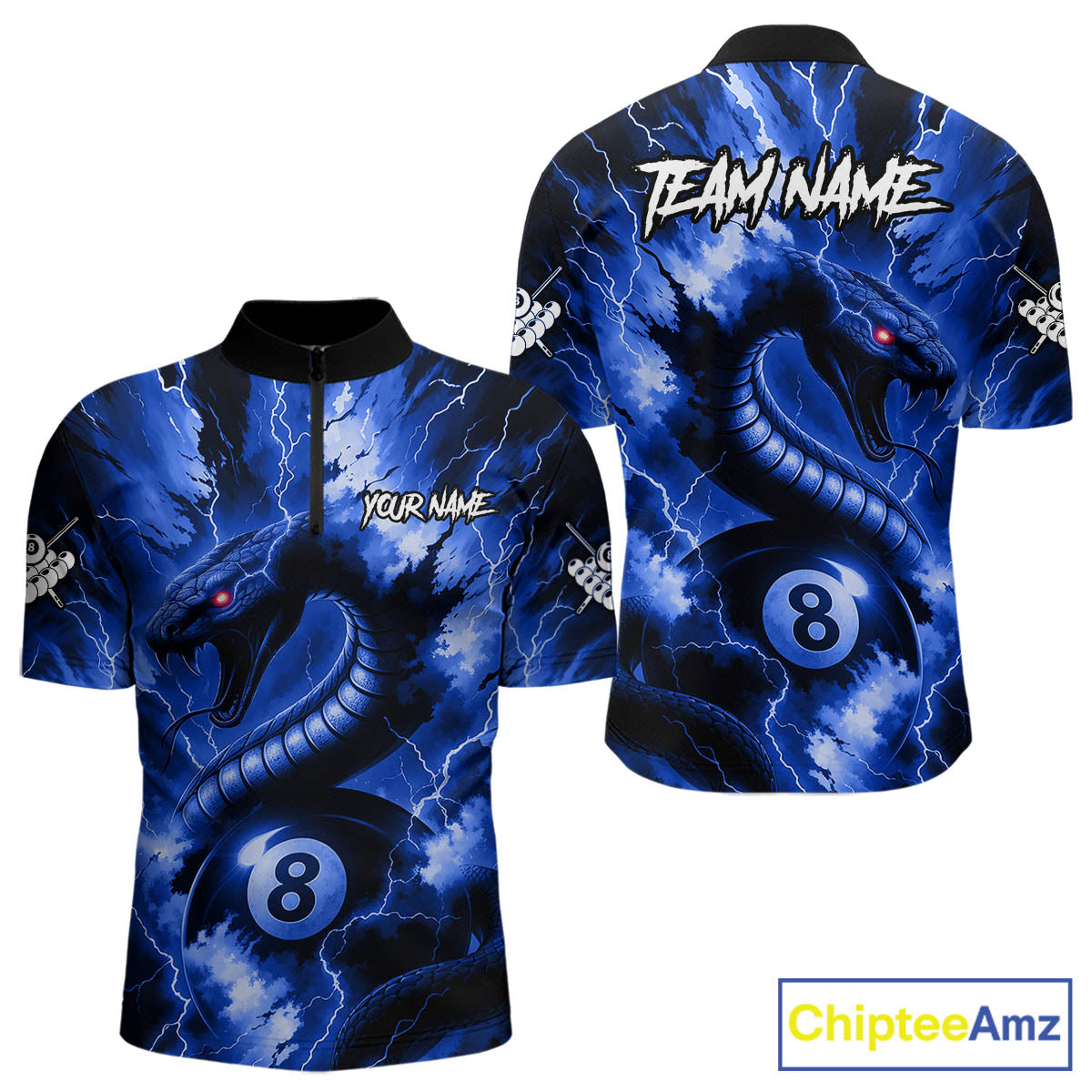 Blue 8 Ball Thunder Lightning Cobra Snake Billiard Shirt For Men Custom Billiard League Pool Jersey TDM4839