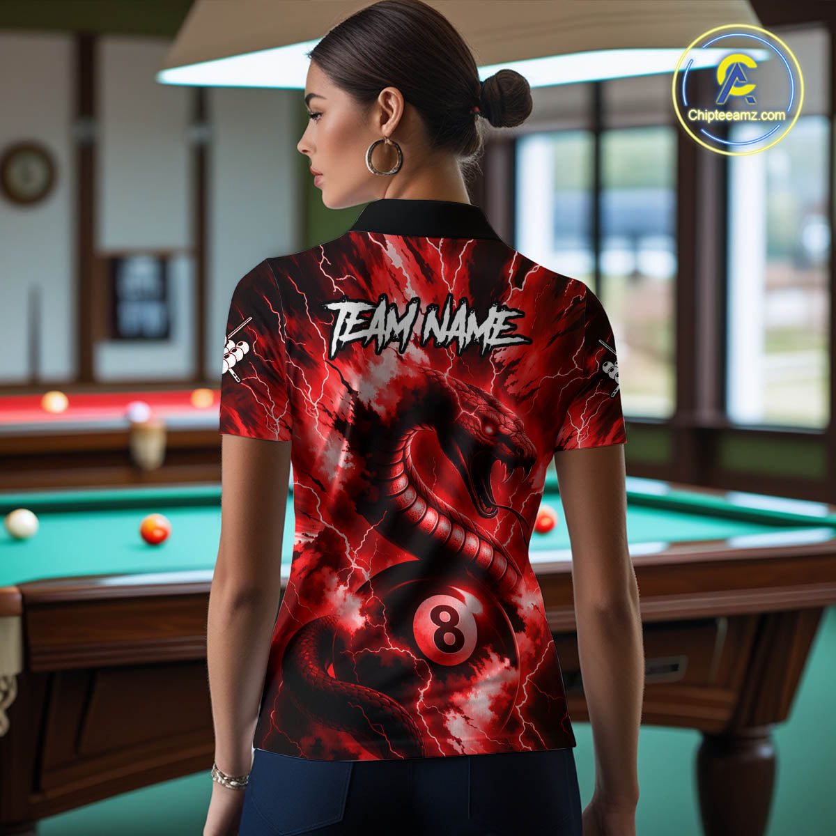 Red 8 Ball Thunder Lightning Cobra Snake Billiard Shirt For Women Custom Billiard League Pool Jersey TDM4840