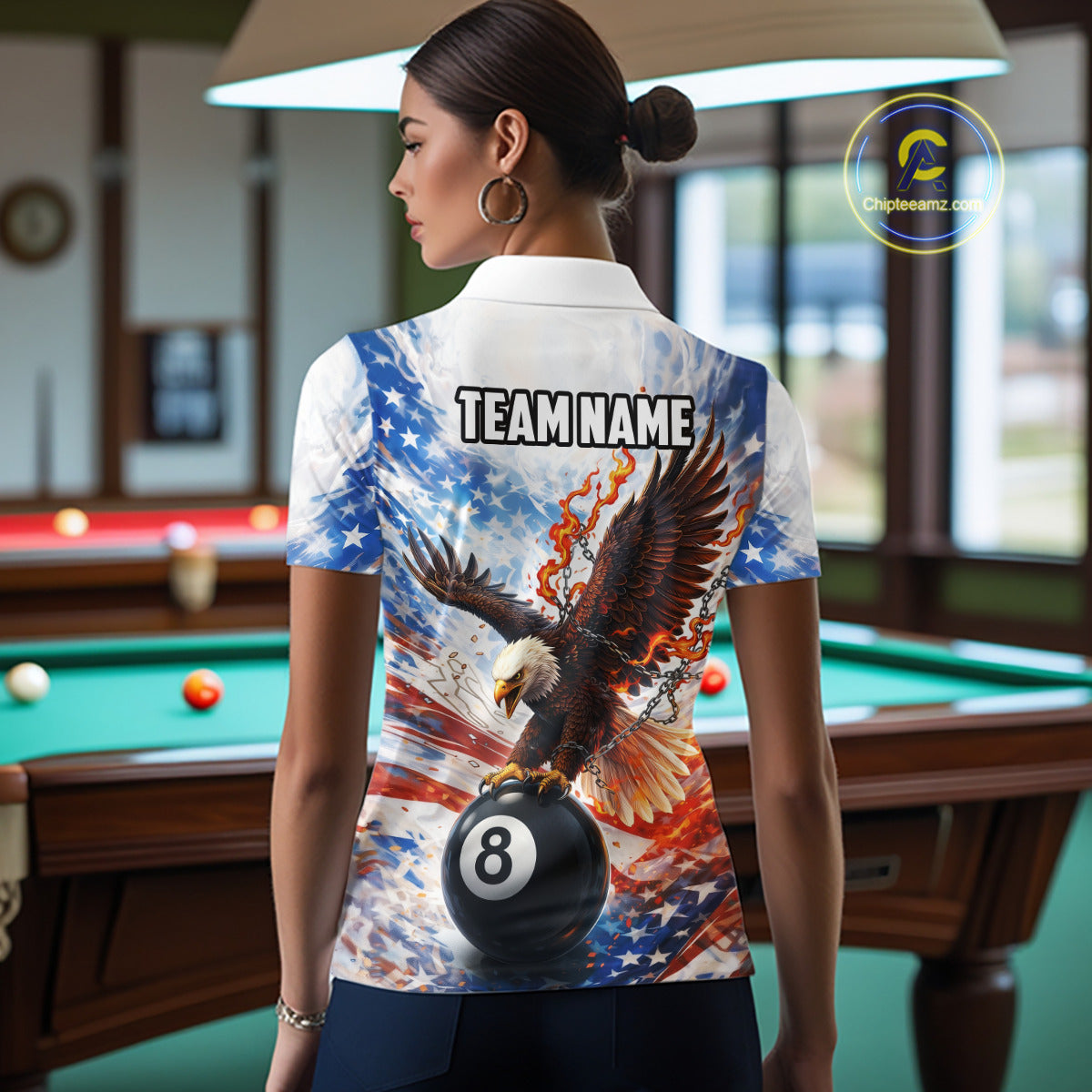 American Flag Eagle 8 Ball Billiard Shirt For Women Custom Patriotic Pool Team Jersey Polo & 1/4 Zip TDM6156