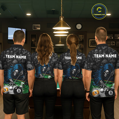 Pool Team Wearing Personalized Funny Grim Reaper Skull 8 Ball 9 Ball Custom Billiard Team Jerseys Featuring the Complete Back Artwork, Back View