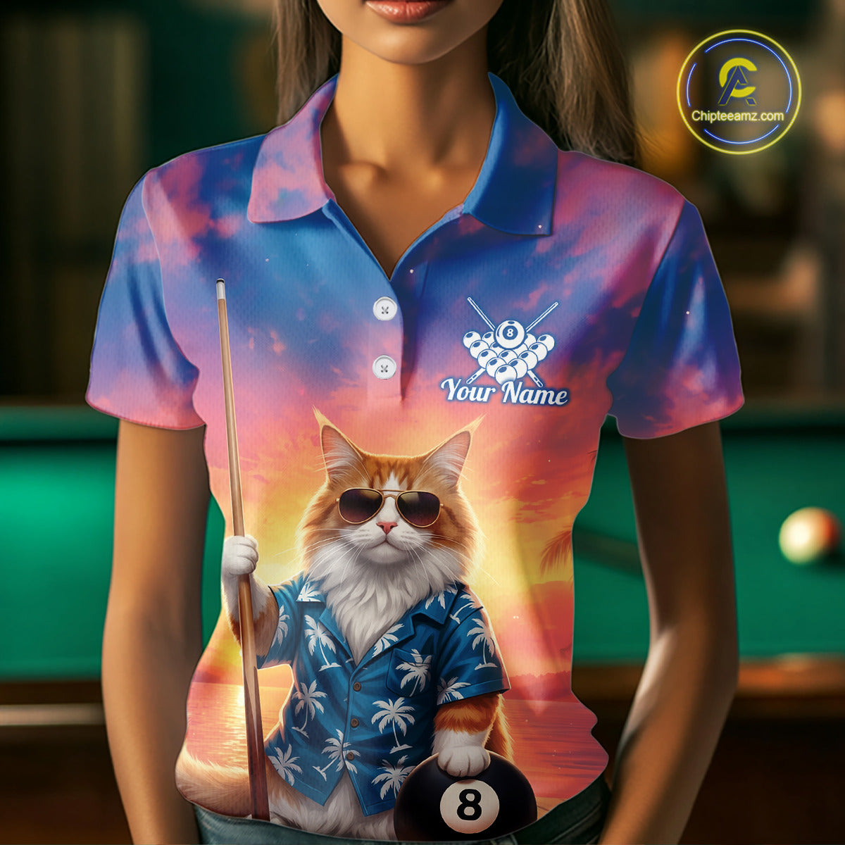Personalized Funny Cat Sunset Billiard Shirt For Women Custom 8 Ball Pool Team Jersey Polo & 1/4 Zip TDM6414