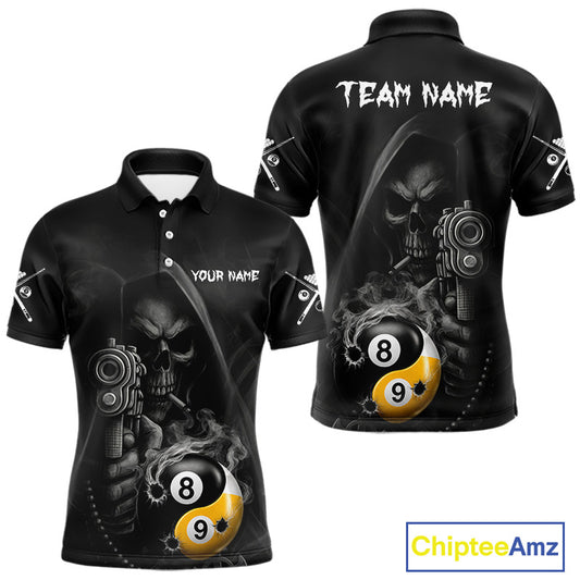 Custom Grim Reaper Yin Yang 8 Ball 9 Ball Smoke Black Pool Polo Shirt Designed for Personalized Billiard Team Jerseys with Premium Athletic Performance and Gothic Artwork