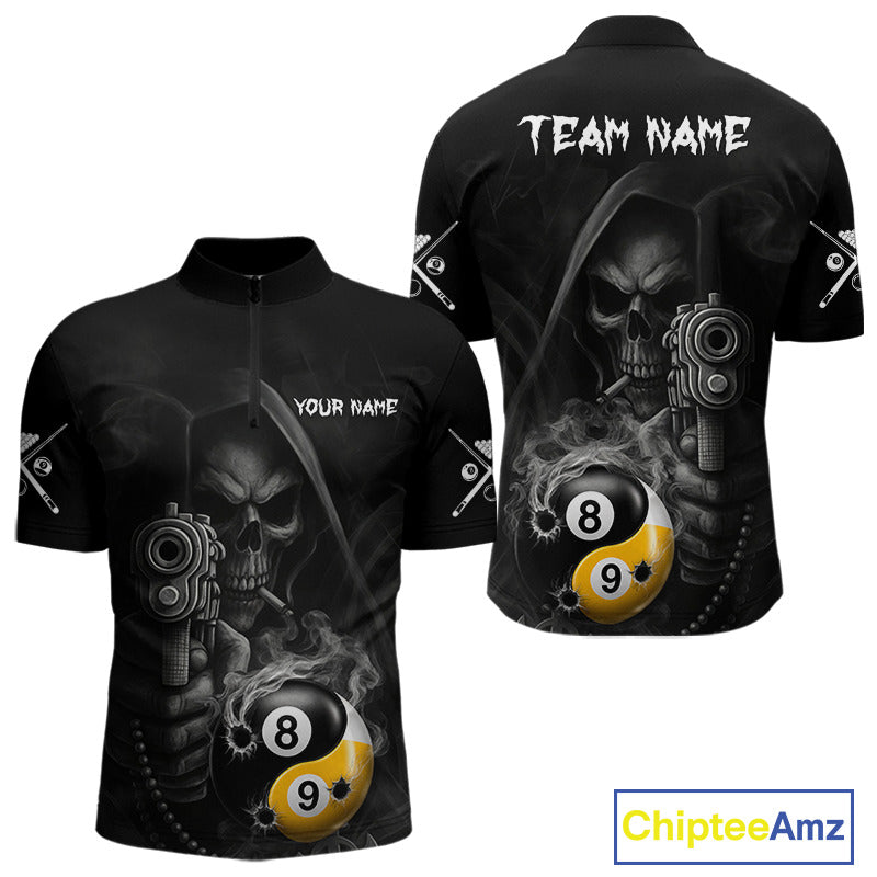 Grim Reaper 8 Ball 9 Ball Yin Yang Smoke Quarter Zip Billiard Shirt Created for Pool League Teams with Performance Fabric and Tournament Ready Team Design