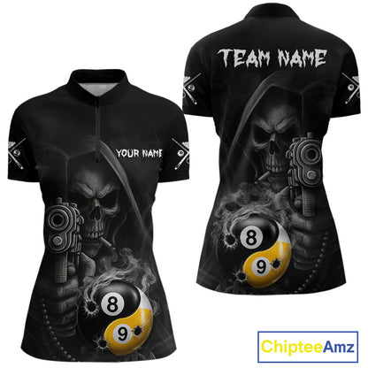 Grim Reaper 8 Ball 9 Ball Yin Yang Smoke Quarter Zip Billiard Shirt Created for Pool League Teams with Performance Fabric and Tournament Ready Team Design