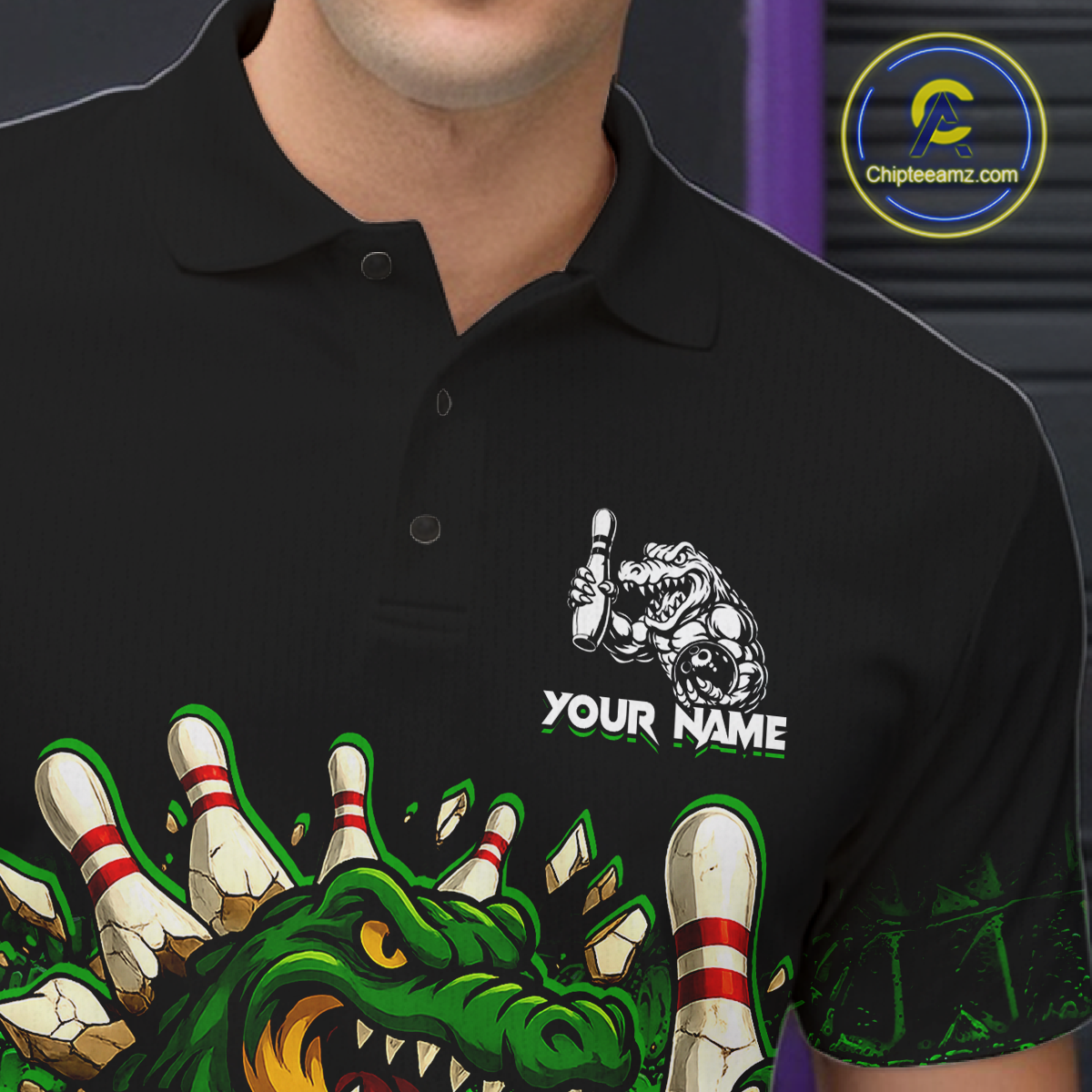 Black And Green Funny Alligator Bowling Shirt For Men Custom Bowling Jersey Team Polo & 1/4 Zip TDM5818