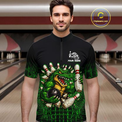 Black And Green Funny Alligator Bowling Shirt For Men Custom Bowling Jersey Team Polo & 1/4 Zip TDM5818