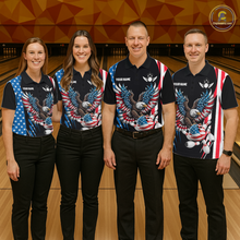 Load image into Gallery viewer, Personalized American Flag Eagle Bowling Polo &amp; 1/4 Zip For Men, Patriotic Bowling Team Jersey TDM5822