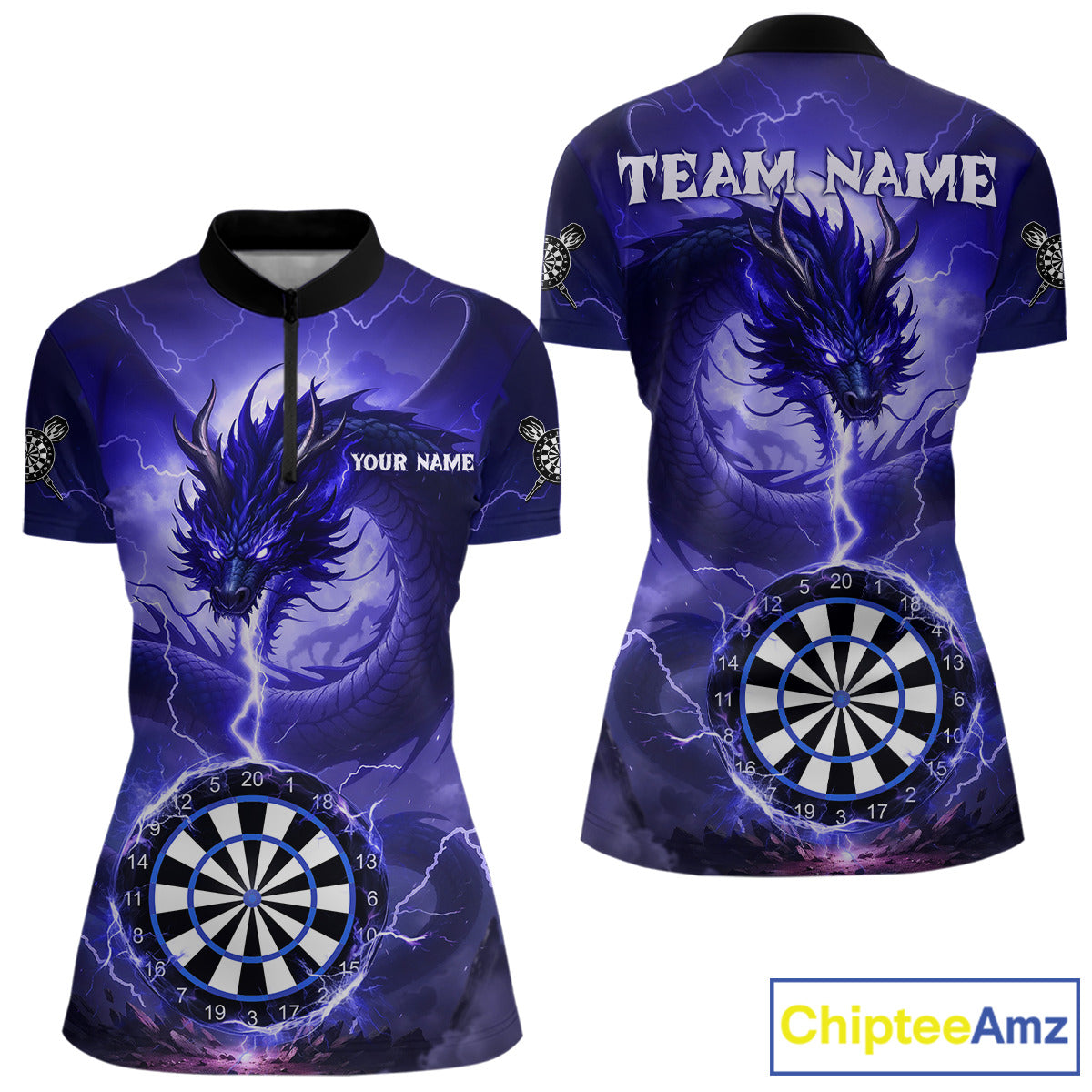 Blue Dartboard Lightning Dragon Womens Darts Shirt Custom Darts Jersey Team Polo & 1/4 Zip TDM5117