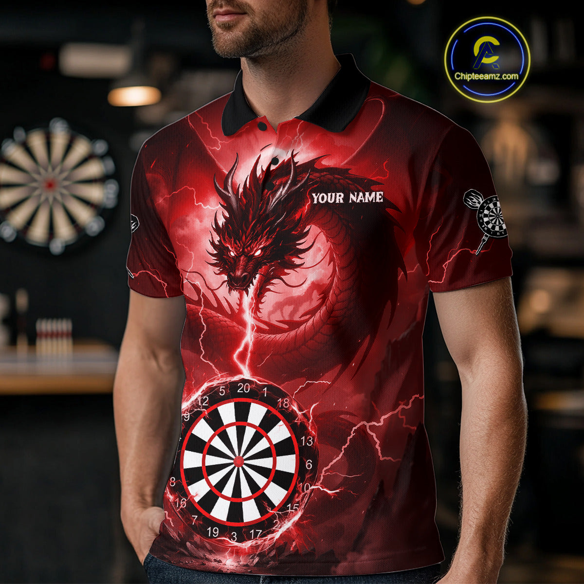 Red Dartboard Lightning Dragon Mens Darts Shirt Custom Darts Jersey Team Polo & 1/4 Zip TDM5118