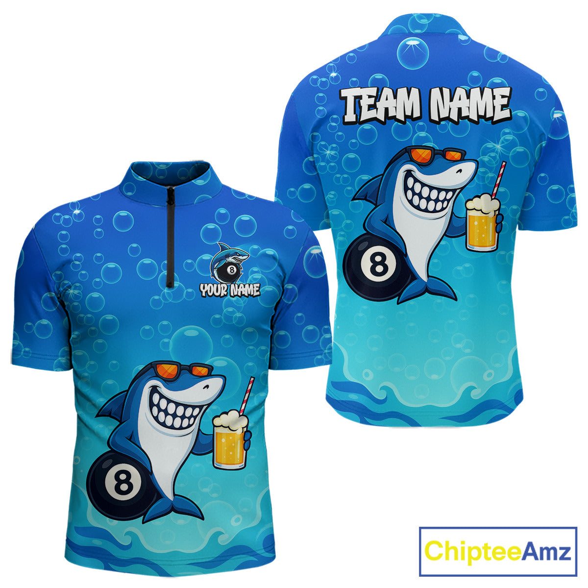 Blue Funny Shark 8 Ball Billiard Shirts For Men Custom Pool Team Shirt, Billiard Polo & 1/4 Zip TDM5134